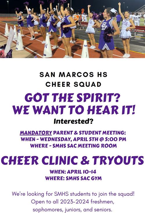 SMHS Cheer Clini & Tryouts 4/10-4/14 in SMHS SAC Gym